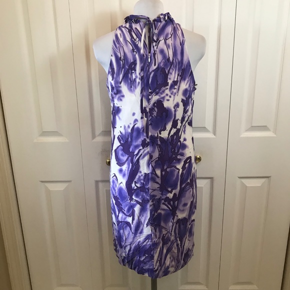 Taylor Silk Purple Floral Shift Dress Ruffle Neck - Picture 6 of 8